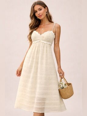 Romantic Ivory Textured‎ Midi Dress Scallop Bust M Bridecore Coquette Milkmaid